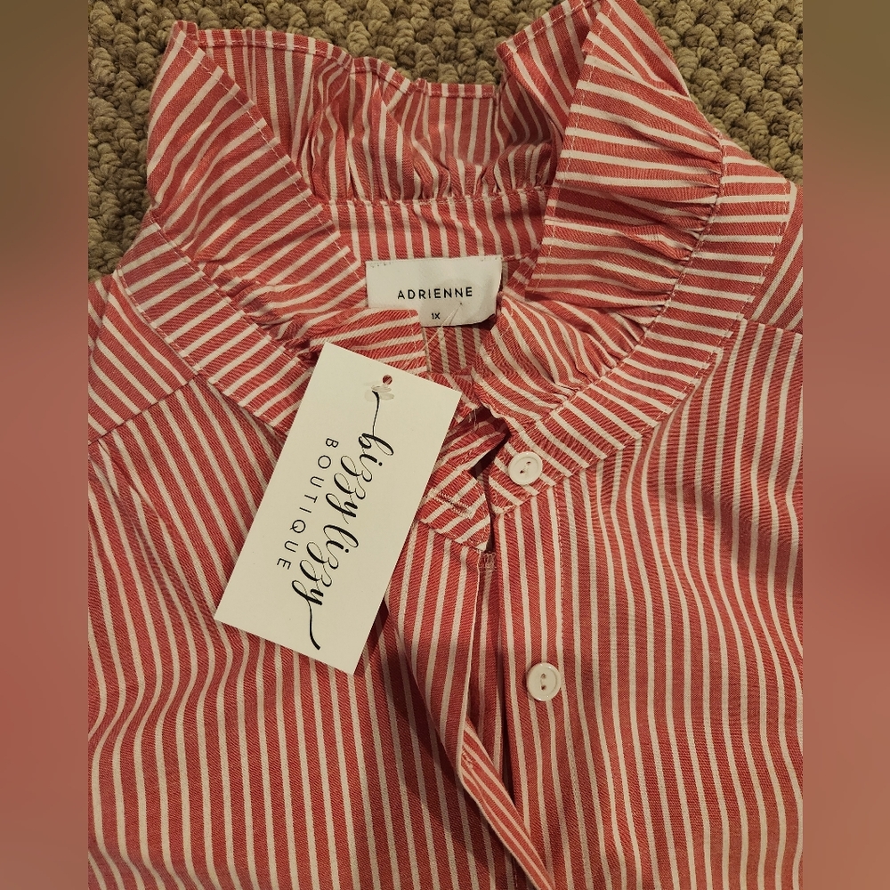 Adrienne Pink and White Striped Ruffle-Collar Button Shirt Dress Size 1X - Picture 2 of 4